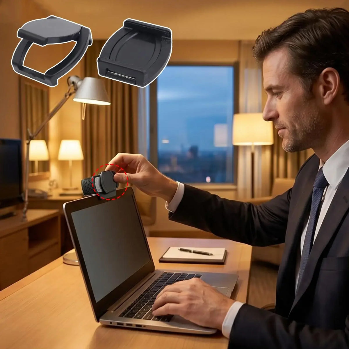 A man is using a privacy lens cover for a Logitech webcam on a laptop, with diagrams showing the product's placement.