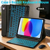A black universal Bluetooth keyboard case and mouse shown next to an iPad.