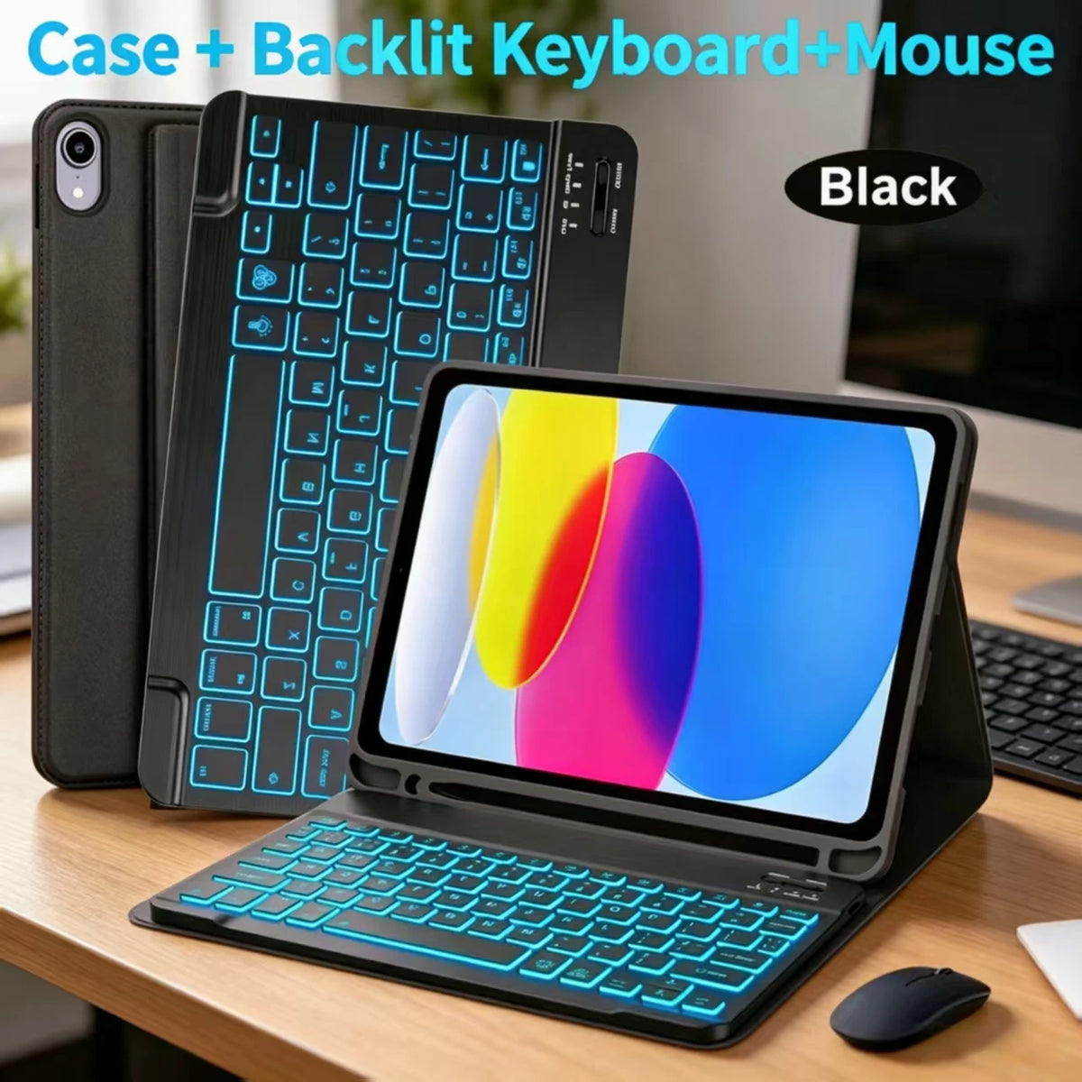 A black universal Bluetooth keyboard case and mouse shown next to an iPad.