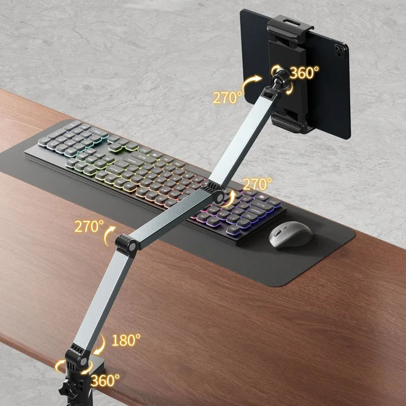 An adjustable aluminum tablet stand is shown mounted on a wooden desk, demonstrating various rotation angles for positioning 
