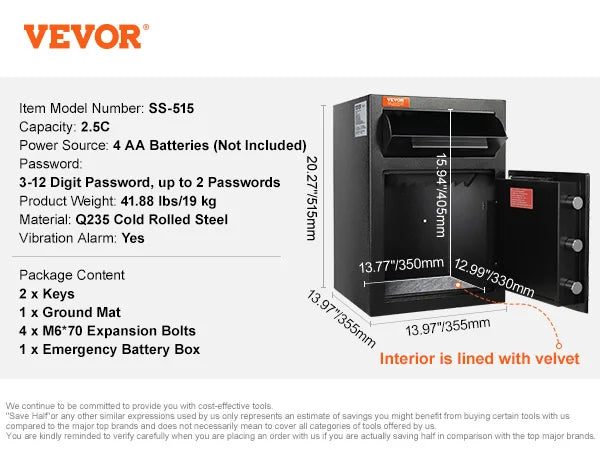 A black electronic drop slot safe with a keypad lock and various accessories shown in an open view.
