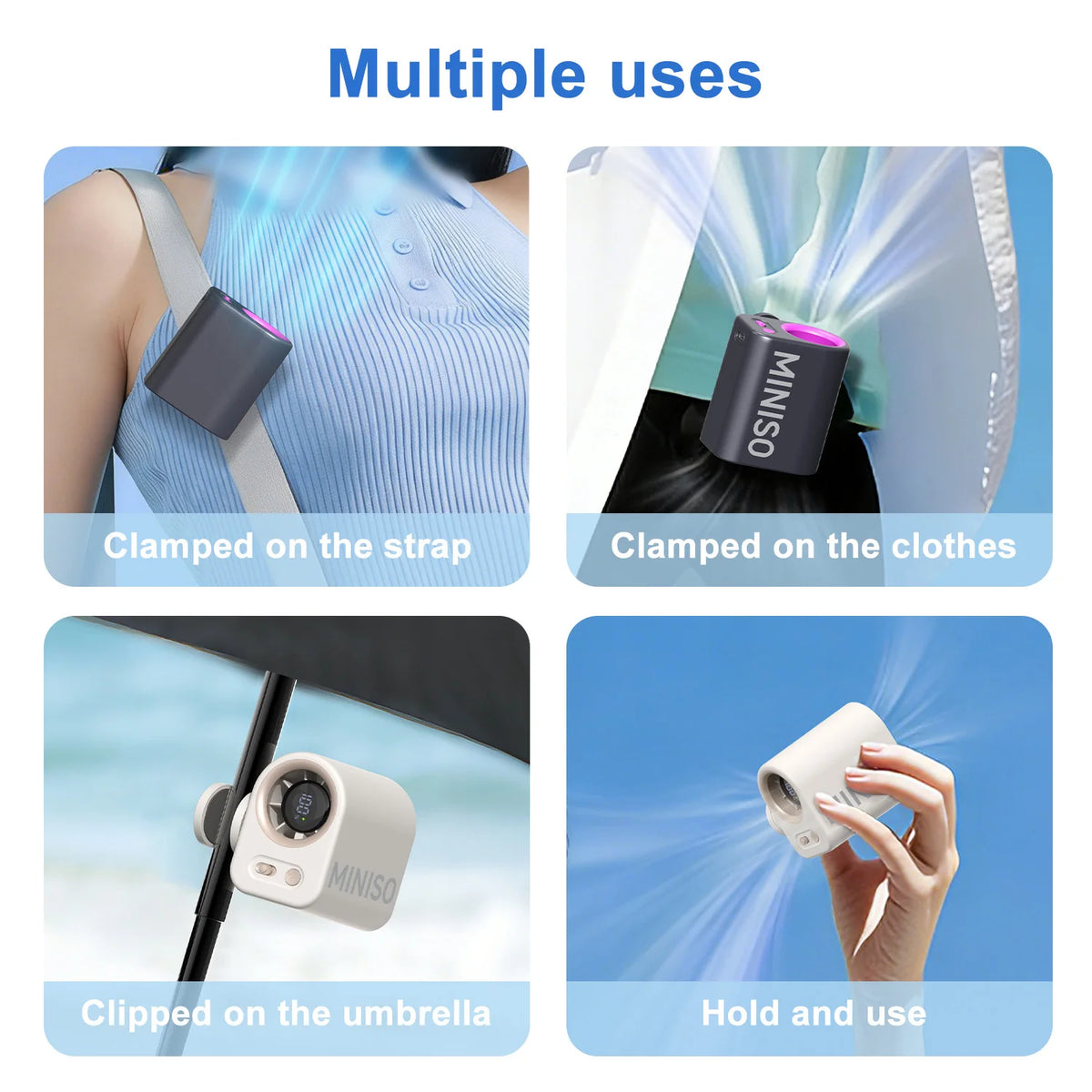 Múltiples usos de un ventilador portátil con clip, apto para sujetar en correa, ropa, paraguas y a mano.