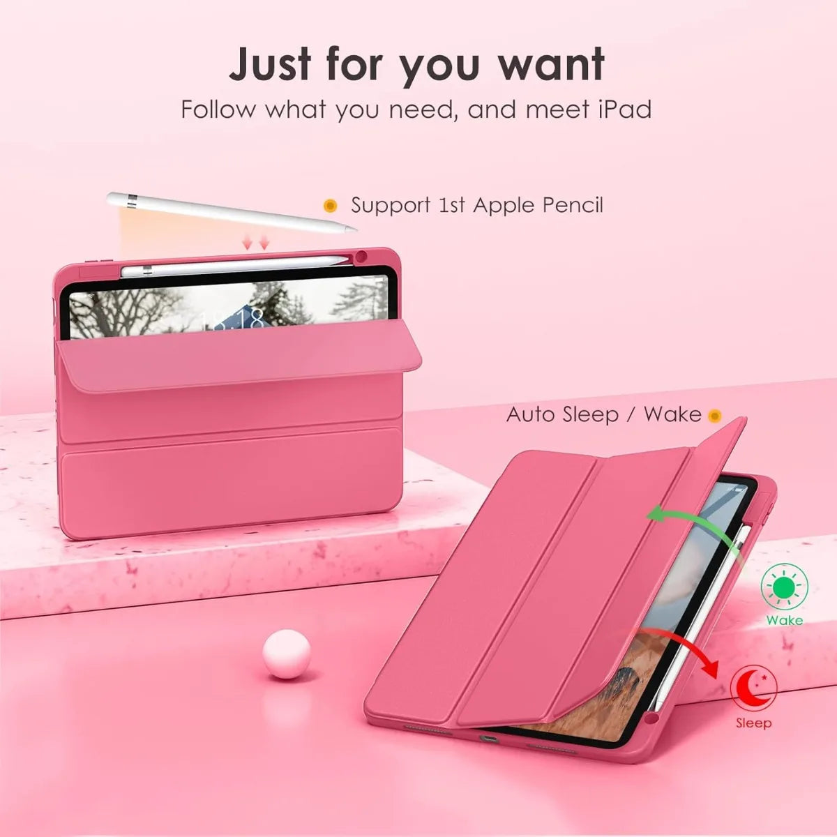 A pink clear TPU shockproof case for an iPad, demonstrating auto sleep and wake features.