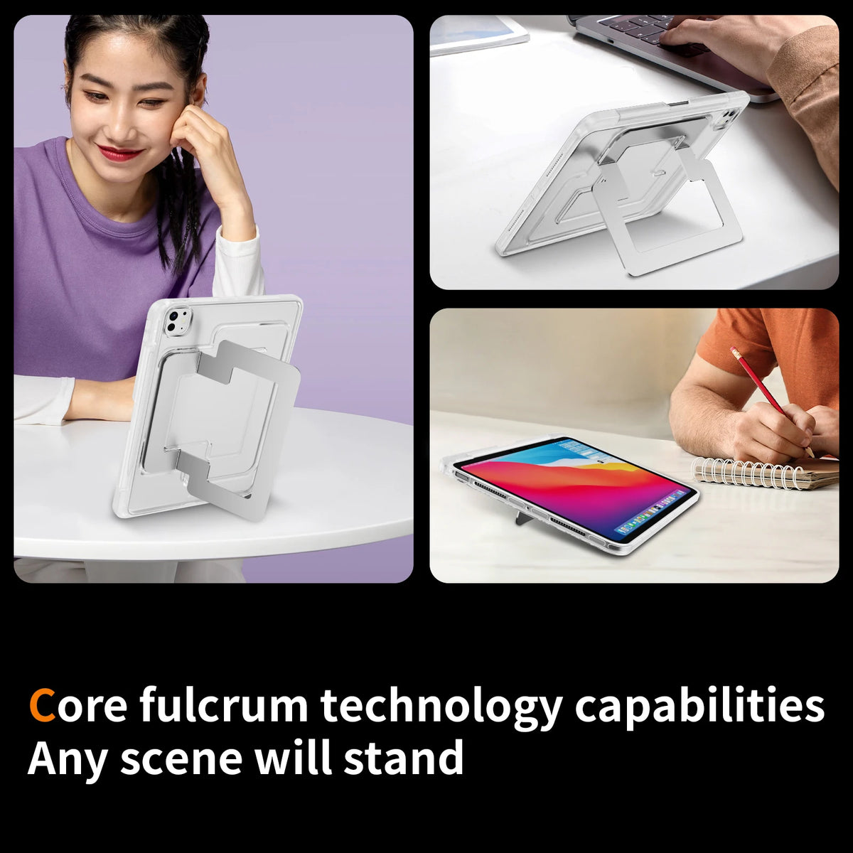 A white protective case for a tablet or iPad is shown with a stand, demonstrating its use in various contexts.
