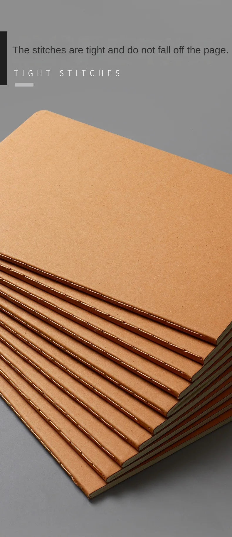 A stack of A5 Kraft cover notebooks with tight stitching shown from an angle.