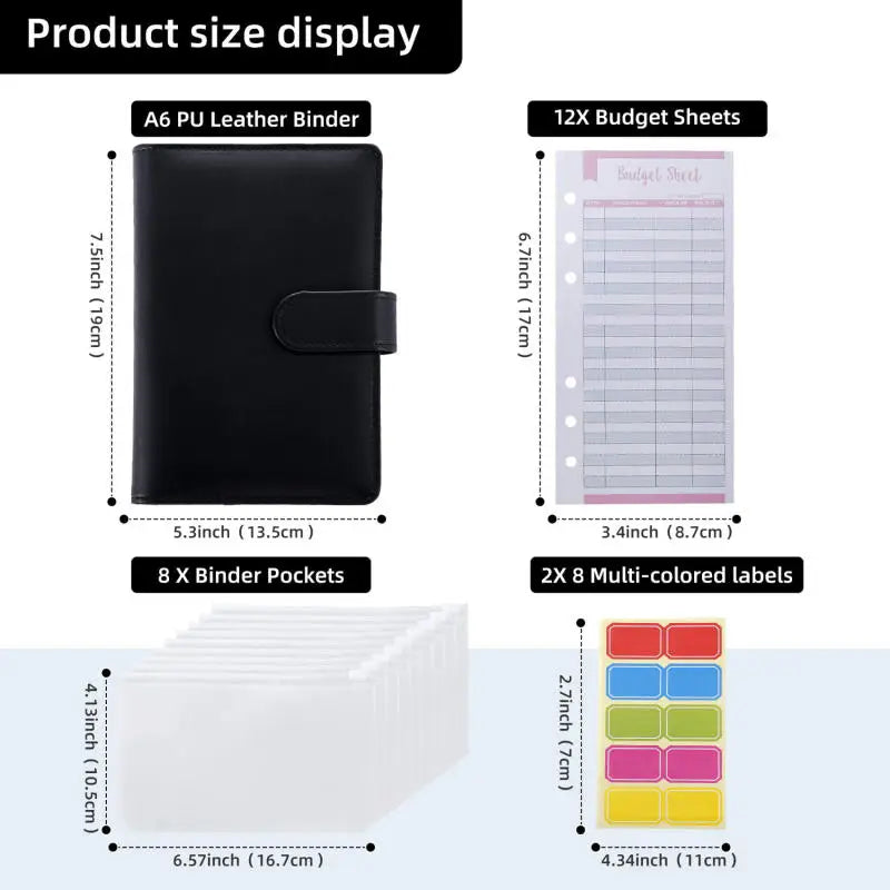 Display of an A6 PU Leather Binder featuring budget sheets, binder pockets, and multi-colored labels.