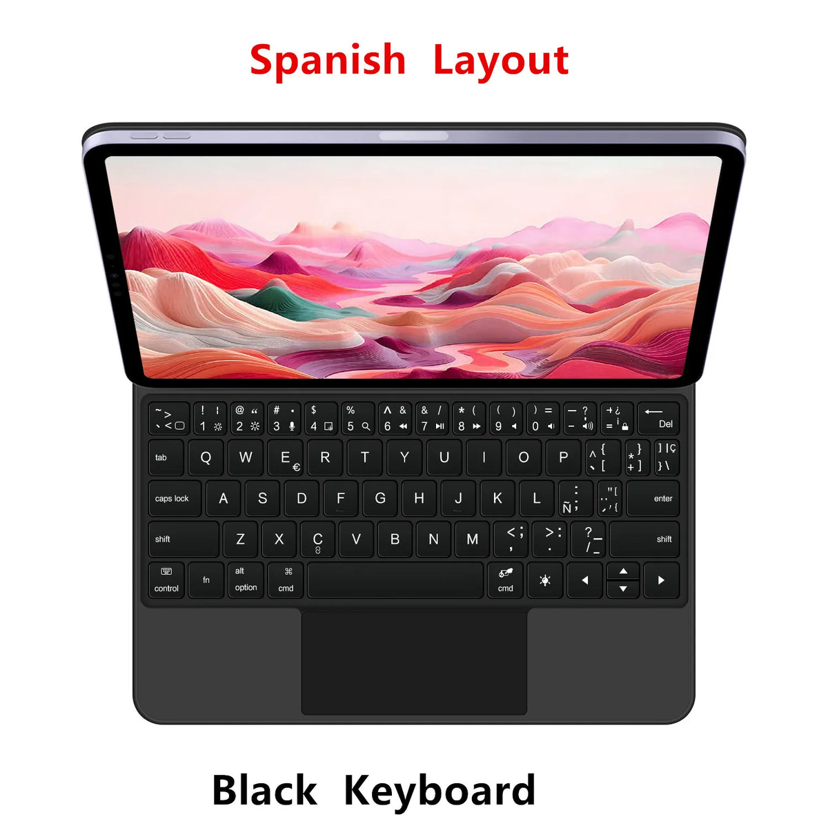 Clavier magnétique noir flottant avec disposition espagnole et affichage sur une tablette.