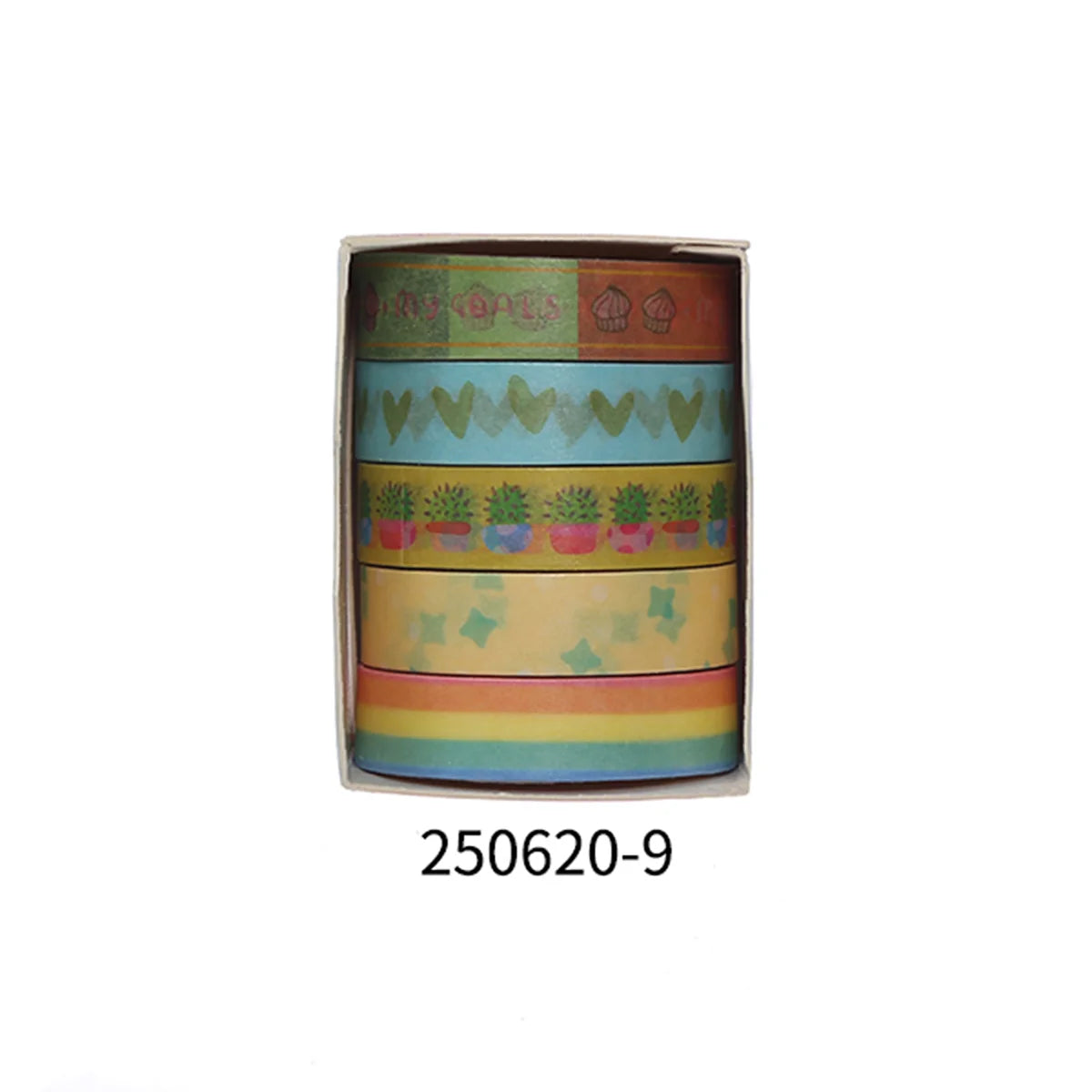 A set of five rolls of colorful floral patterned washi tape for crafting and journaling.