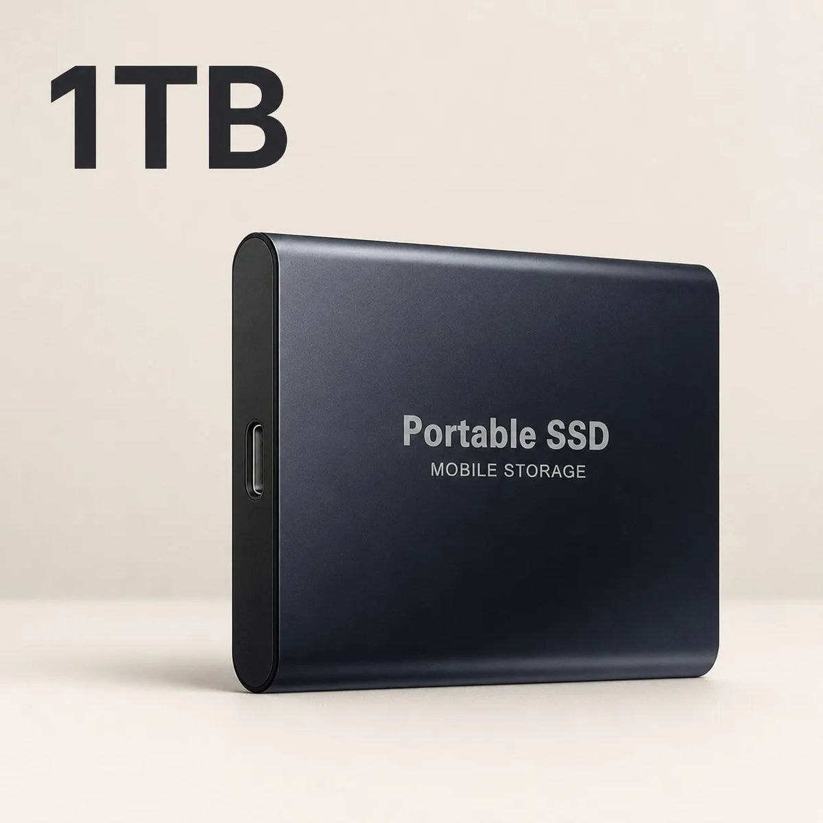 Dunkelgrauer tragbarer SSD mit Aufschrift Portable SSD MOBILE STORAGE und 1TB-Kapazitätskennzeichnung.