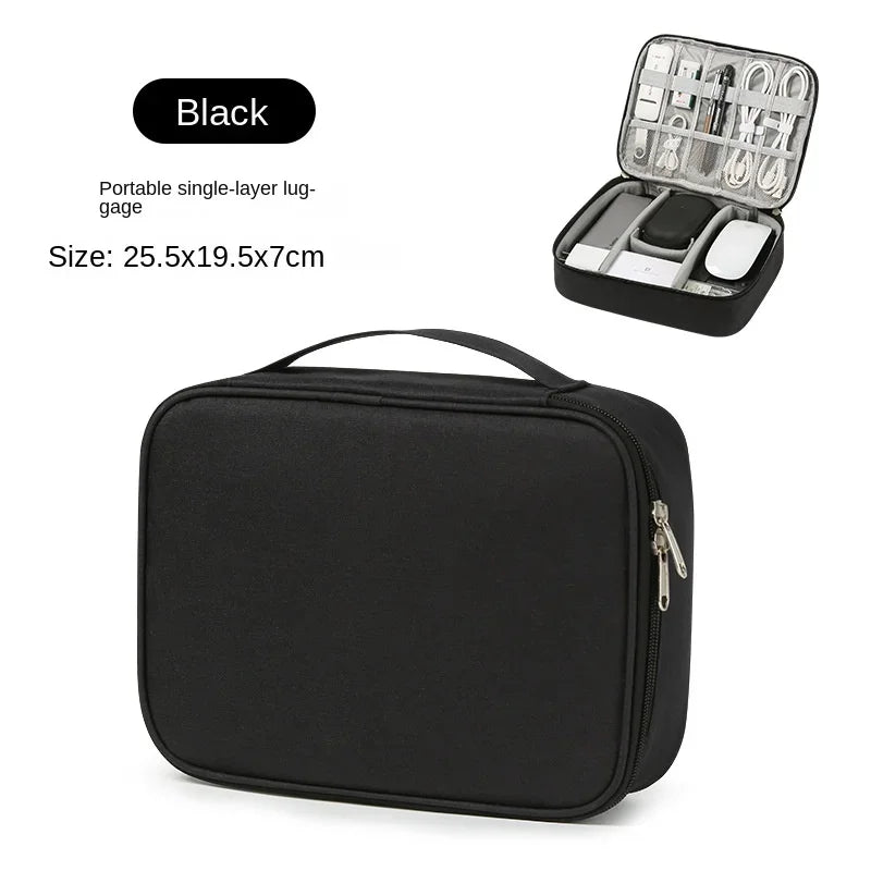 Black portable single-layer lug-gage for organizing and storing electronics cables.