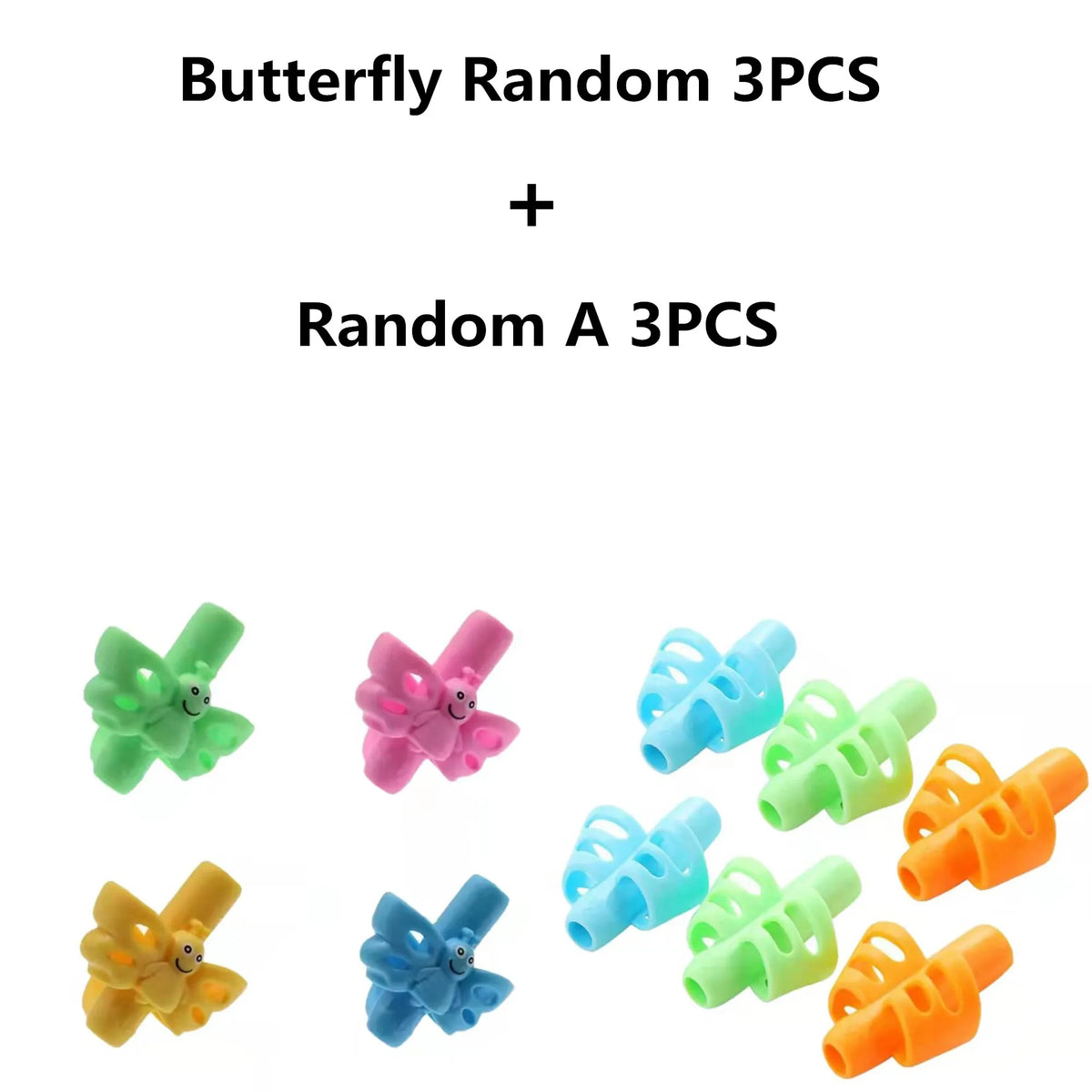 A collection of butterfly and A shaped silicone pencil grips in various colors including green, pink, blue, and orange.