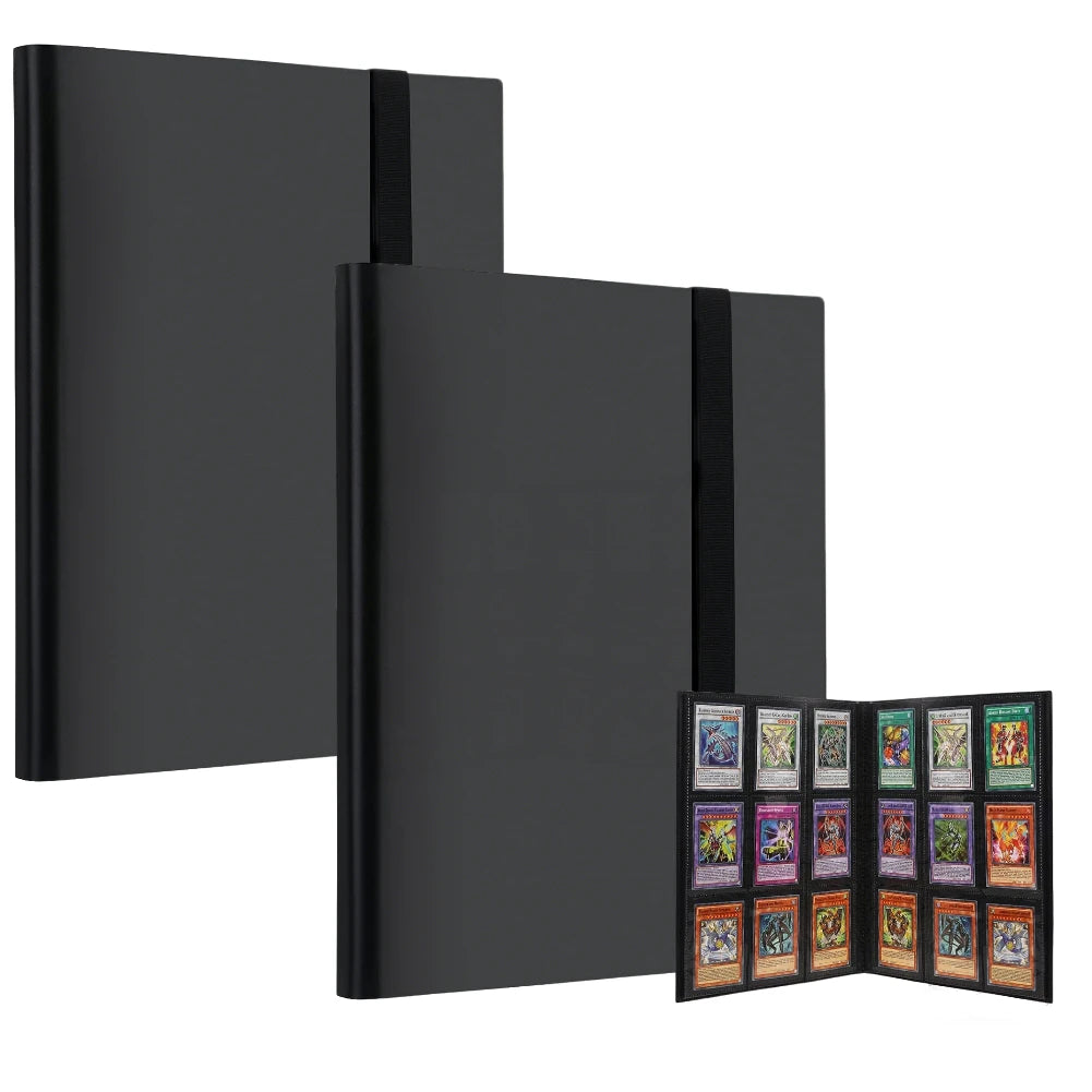 Un archivador de cartas coleccionables negro de 9 bolsillos y perfil delgado, visto en orientación vertical.