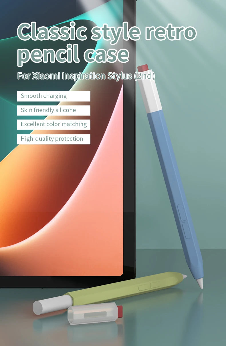 Étui à crayon rétro classique pour stylet Xiaomi Inspiration, montré à côté de l'appareil.