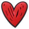 A red heart-shaped shoe charm with a black border and embossed lines.