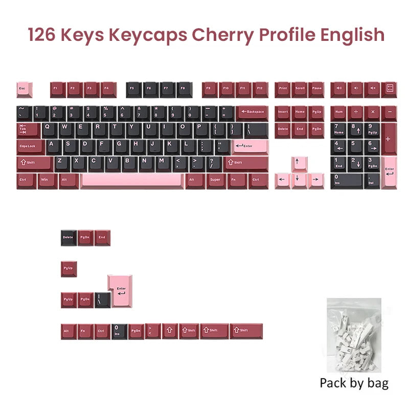A set of 126 keys with Cherry profile keycaps for mechanical keyboards, packaged by bag.