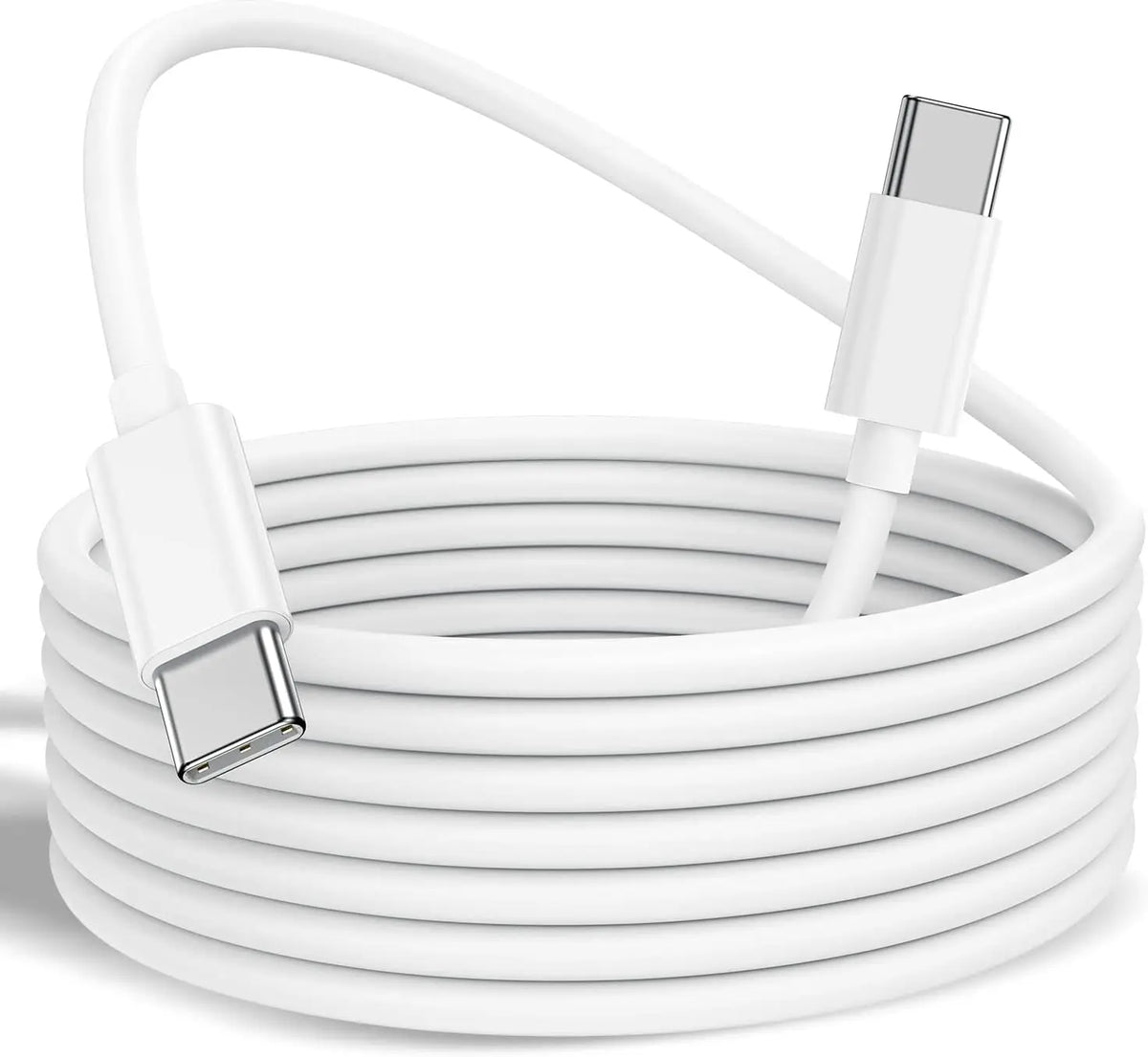 Câble de charge USB-C vers USB-C blanc, enroulé et haute vitesse 60W, avec connecteur visible.