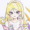 Anime style illustration of a blonde girl with purple eyes and long hair, holding an object.