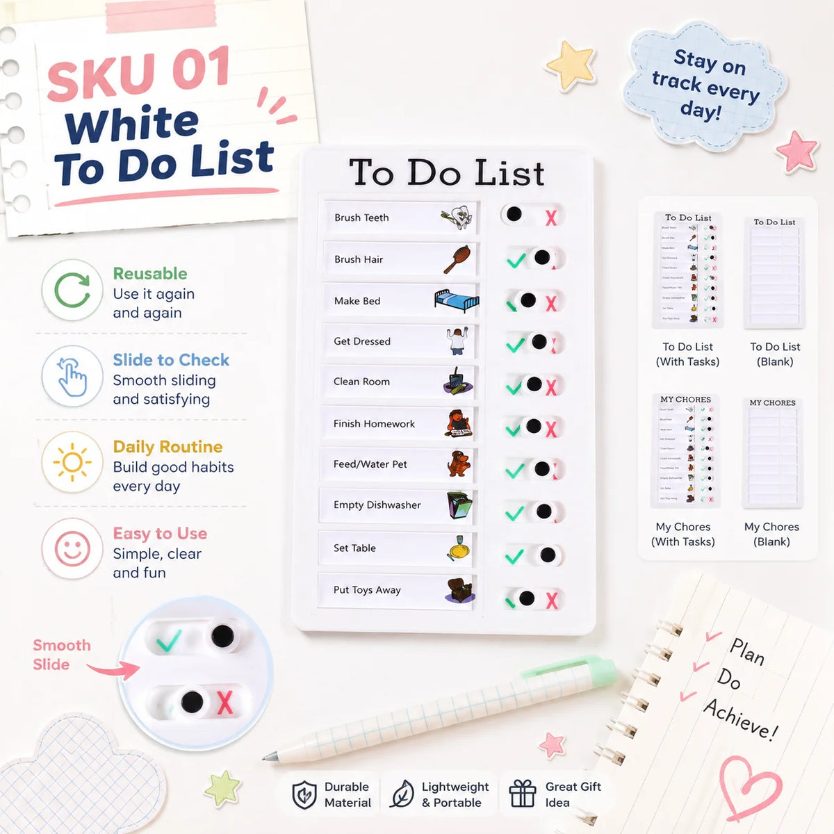 A white reusable to do list board with various chore and habit tracking tasks marked on it.