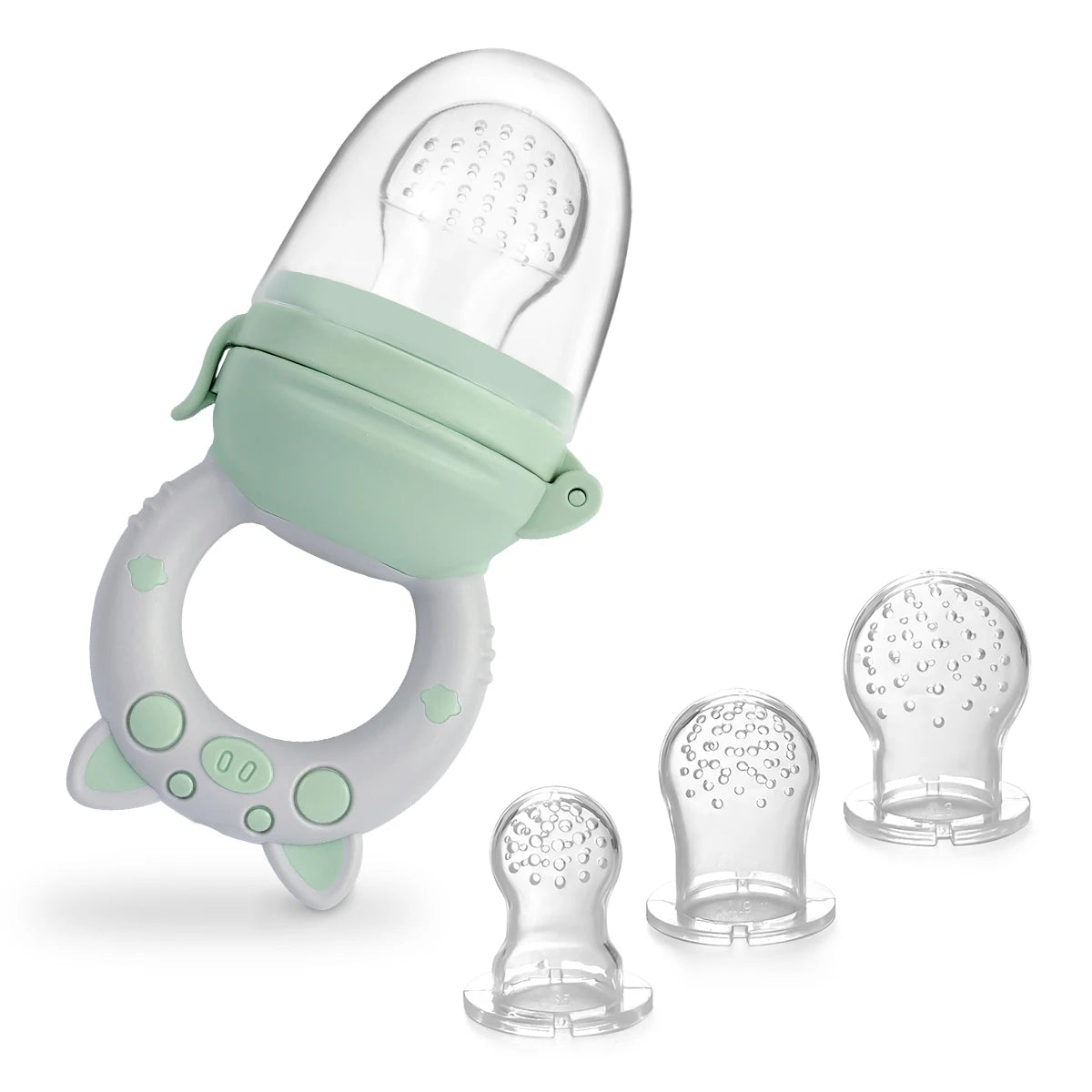 A silicone fruit and vegetable feeder set for babies and toddlers, showing a clear feeding bottle and multiple silicone feedi
