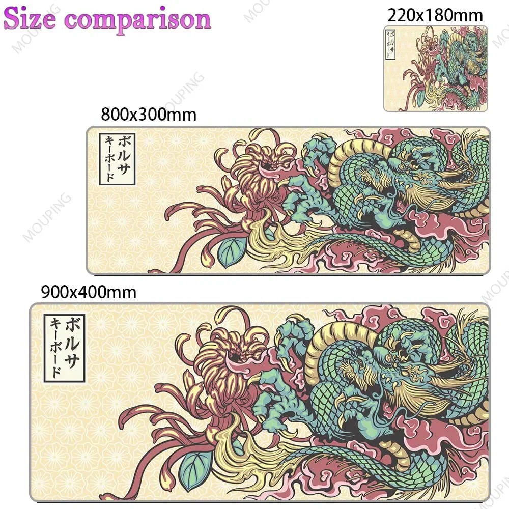 A comparison of two gaming desk mats featuring detailed purple and white Japan-style dragon artwork.