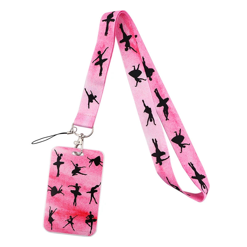 Pink lanyard featuring black silhouette figures of dancers on a pink background