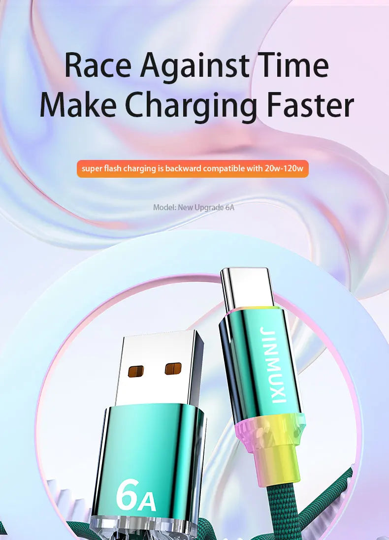 A close-up of a green USB-C charging cable with a 6A rating, shown against a light pink and purple background.
