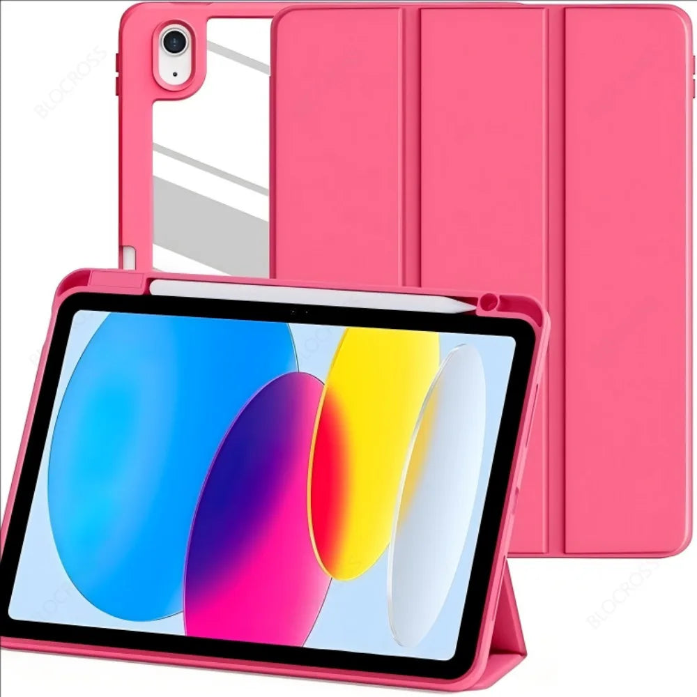 A pink multi-device protective case for an iPad showing the tablet and a matching cover.