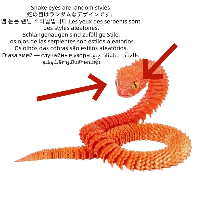 An orange, articulated 3D printed snake figurine with textured scales.