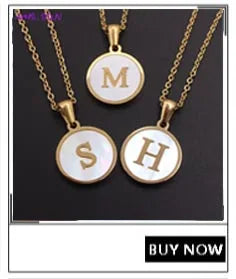 Gold-plated shell pearl beaded necklaces featuring initial charms M, S, and H.