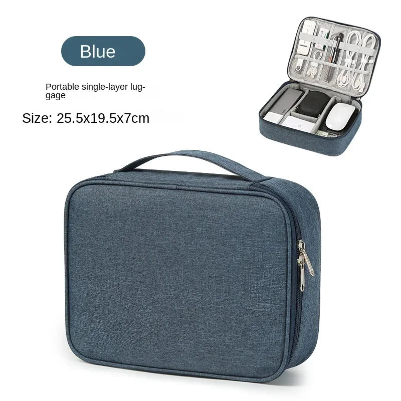 A dark blue portable single-layer lug-gage organizer bag with a lid showing various cable storage slots.