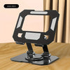 A black tablet stand with an adjustable foldable design is shown on a wooden surface.