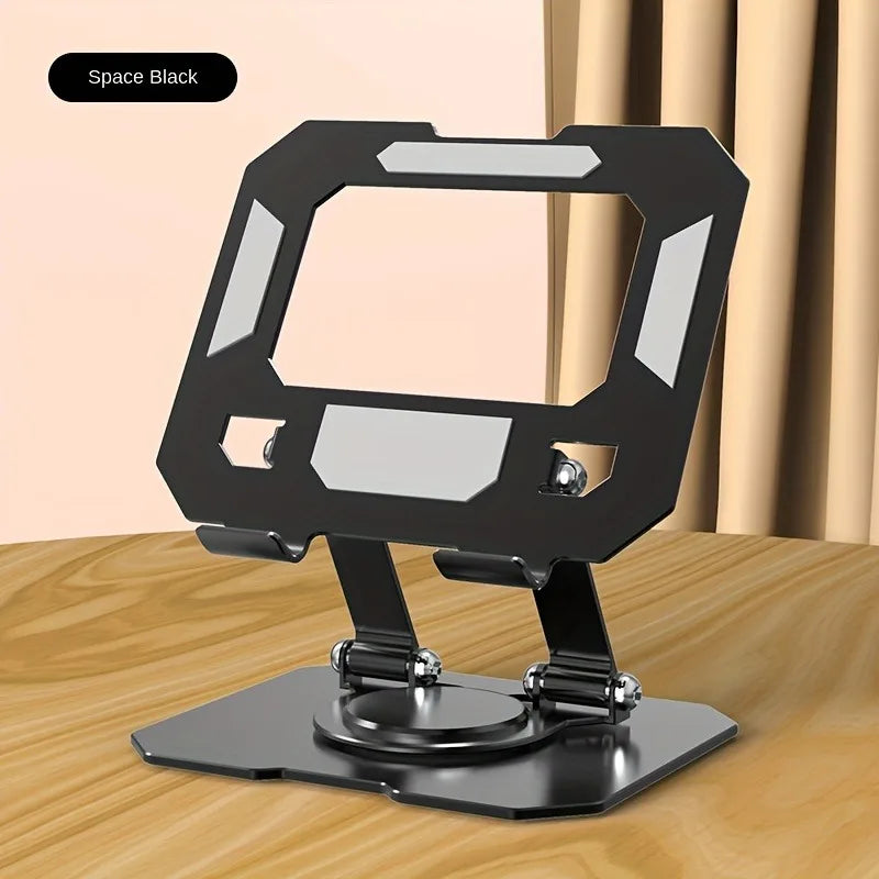A black tablet stand with an adjustable foldable design is shown on a wooden surface.