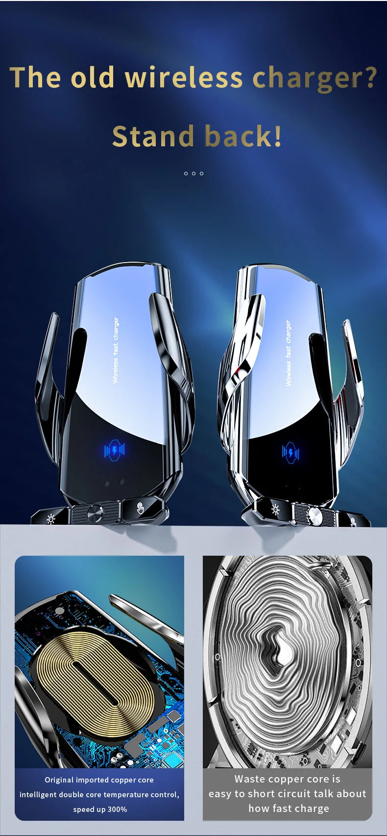 A pair of silver wireless phone chargers are shown next to a close-up of the copper core and a circuit board.
