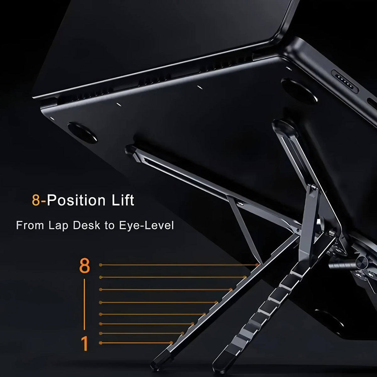 A black magnetic phone holder and selfie stick is shown with an 8-position lift mechanism for adjusting the angle from lap de
