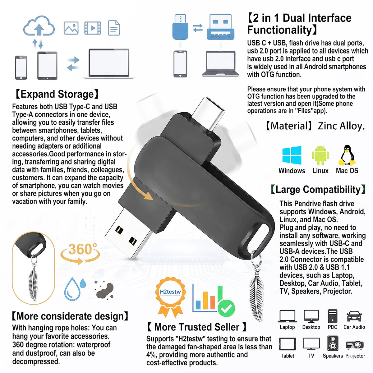 A black USB 2.0 Type-C OTG flash drive with a detachable connector and a loop for hanging.