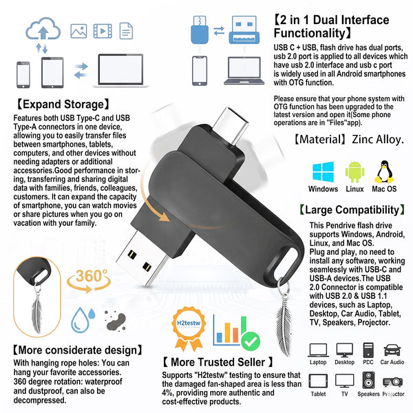 A black USB 2.0 Type-C OTG flash drive with a detachable connector and a loop for hanging.
