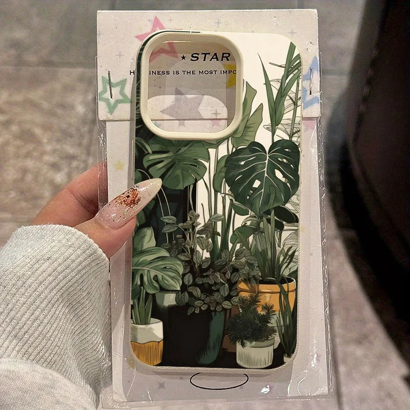 Klares Plastik-Handyhülle mit botanischem Design aus verschiedenen grünen Monstera-Blättern und Pflanzen.