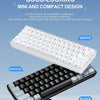 A display showing four color schemes for a mini and compact design portable mechanical keyboard in white, dark gray, and blac