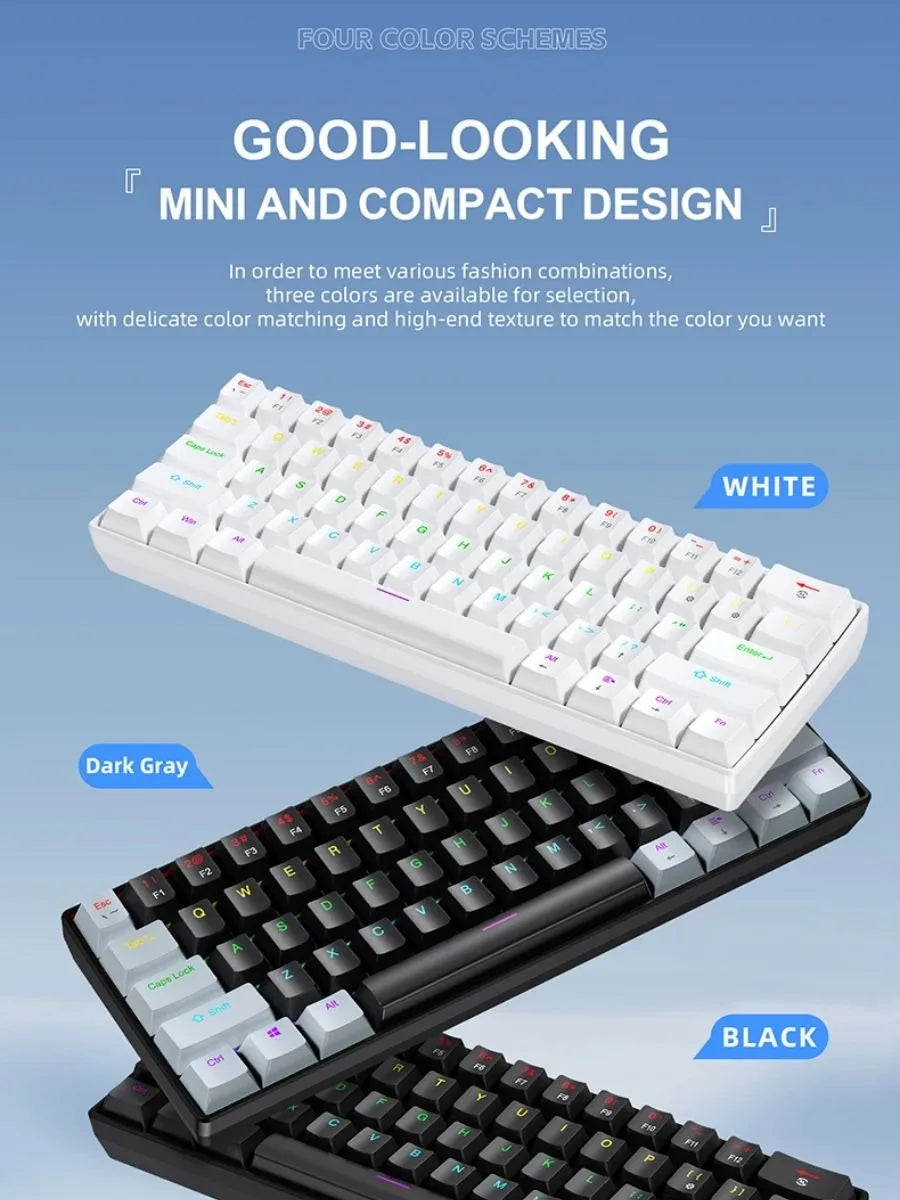 A display showing four color schemes for a mini and compact design portable mechanical keyboard in white, dark gray, and blac