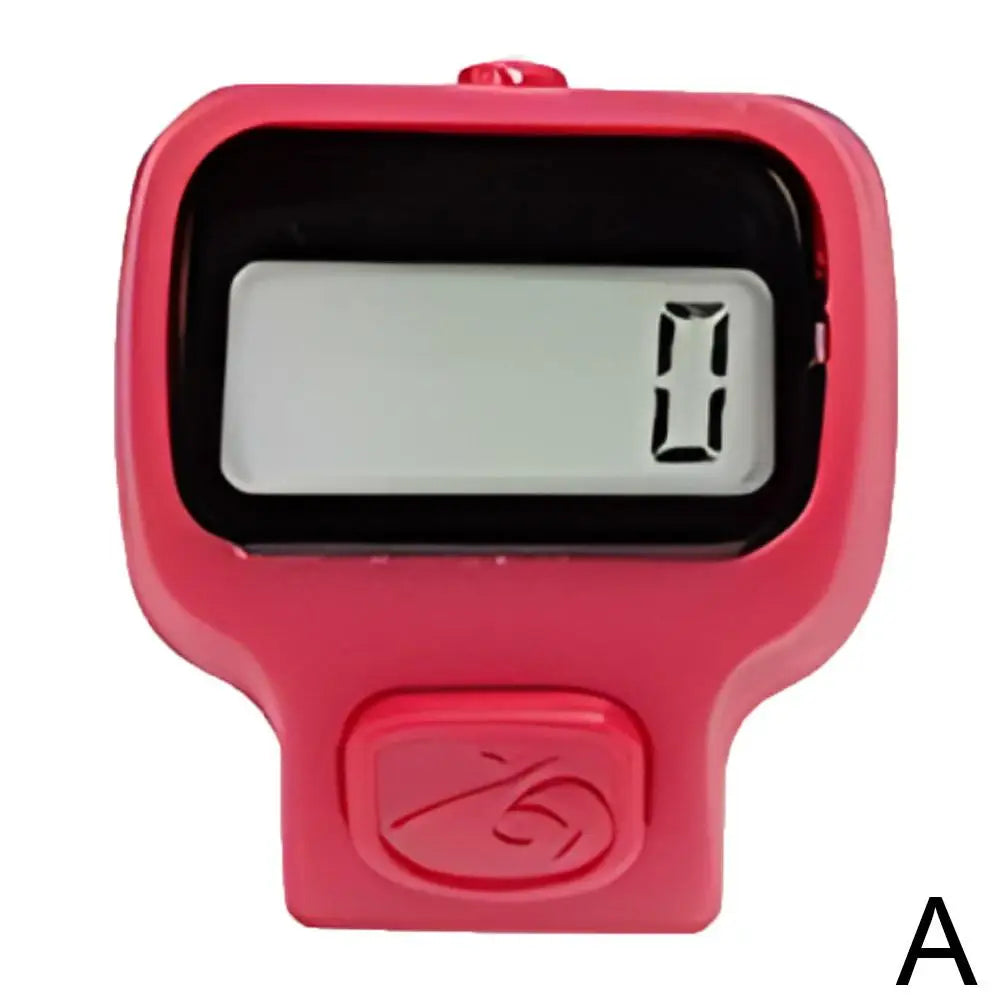 A pink thumb tally counter with a digital display and a button.