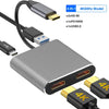 A gray 4-in-1 docking station featuring dual HDMI ports, a 100W PD port, and a USB 3.0 connection.