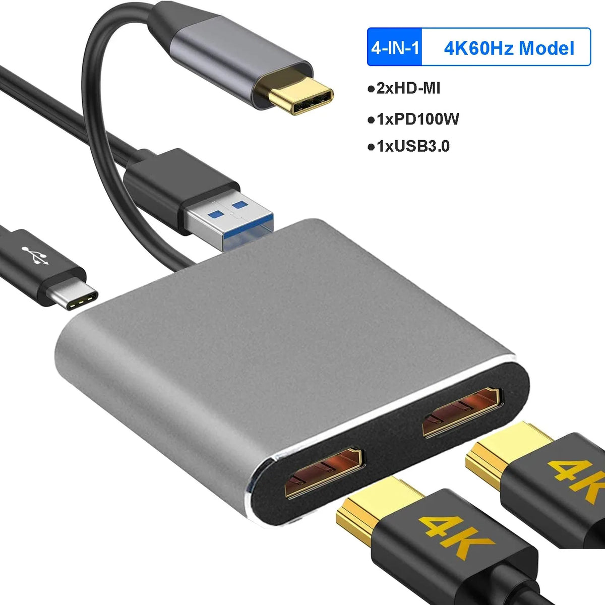 A gray 4-in-1 docking station featuring dual HDMI ports, a USB-C connector, and a 4K output port.