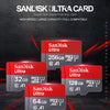 Sandisk Ultra Speicherkarten in verschiedenen Kapazitäten (32GB, 64GB, 128GB) vor dunklem Hintergrund.