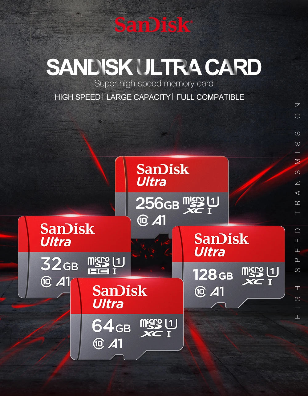 Sandisk Ultra Speicherkarten in verschiedenen Kapazitäten (32GB, 64GB, 128GB) vor dunklem Hintergrund.