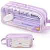 A purple transparent large-capacity pencil case filled with various pens and pencils.