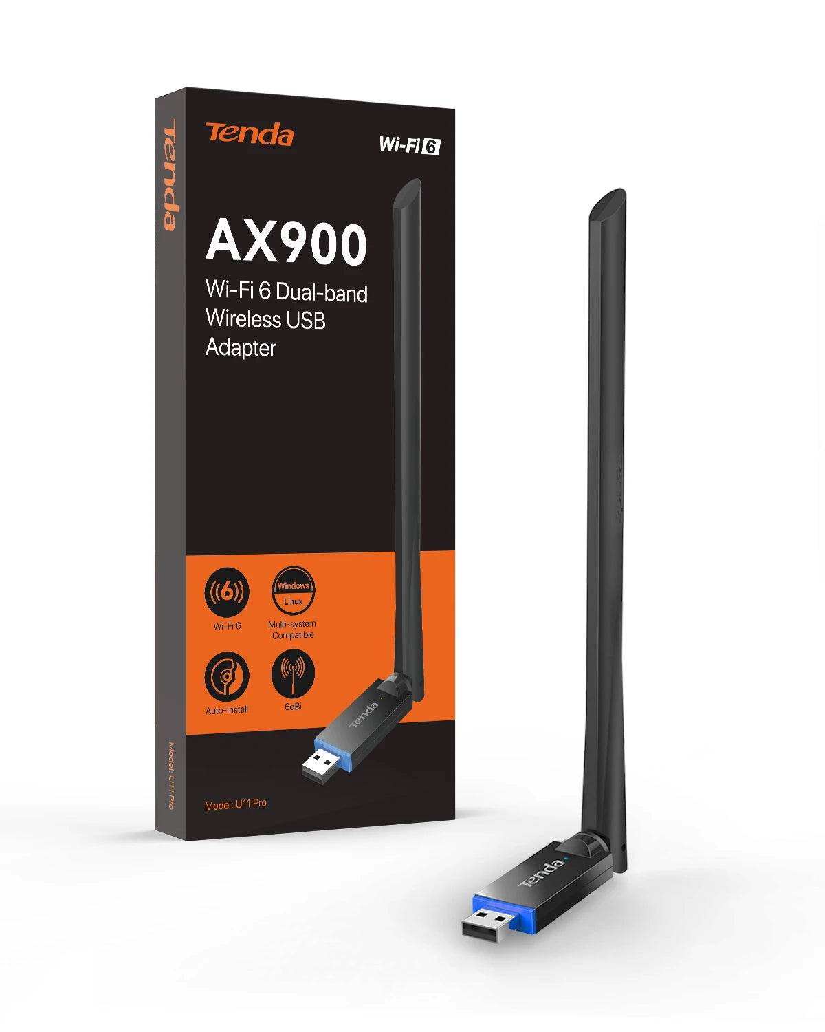A black Tenda AX900 Wi-Fi 6 Dual-band Wireless USB Adapter is shown standing upright next to its packaging box.