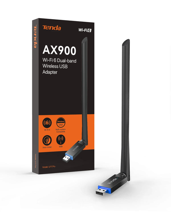 Adaptador inalámbrico USB de doble banda Wi-Fi 6 Tenda AX900 en color negro, junto a su caja de empaque.
