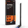 A black Tenda AX900 Wi-Fi 6 Dual-band Wireless USB Adapter is shown next to its packaging box.