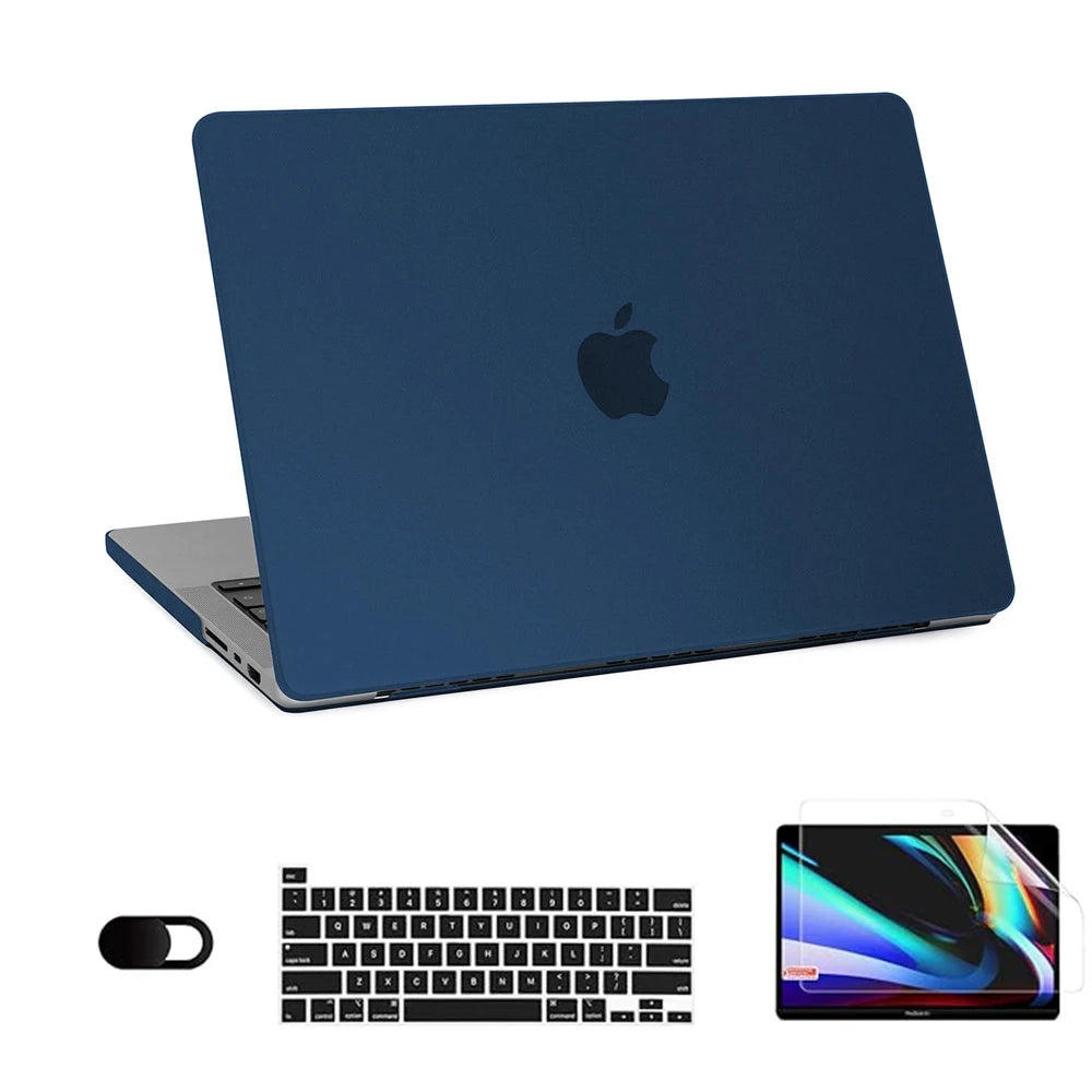 A dark blue laptop is shown with an Ultra-Thin Hard Shell Laptop Case for MacBook Pro and Air.