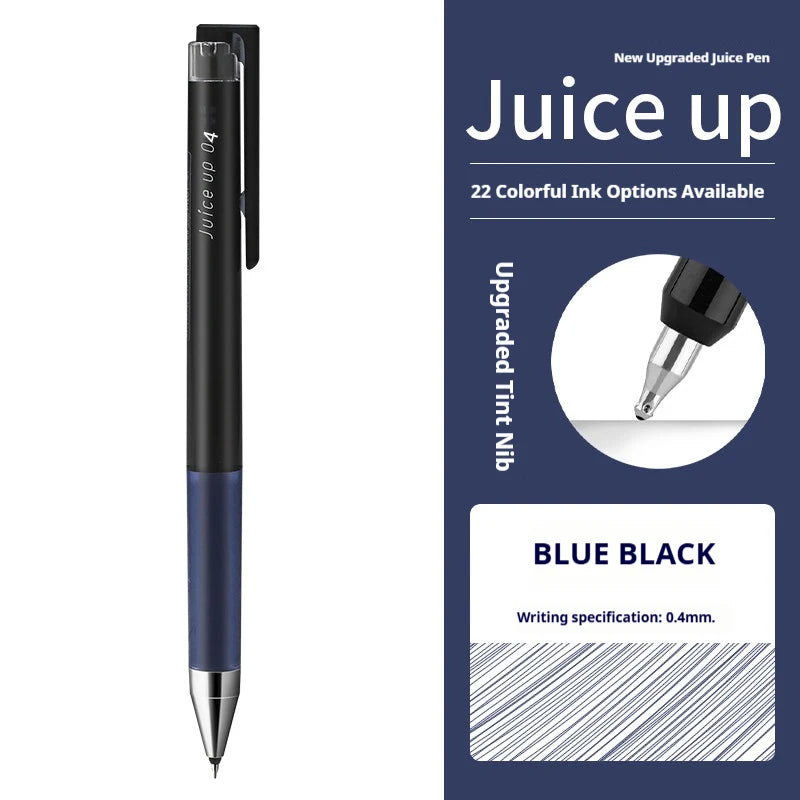 A black and blue Pilot Juice Up fine point gel pen with a silver tip shown next to options for ink colors.